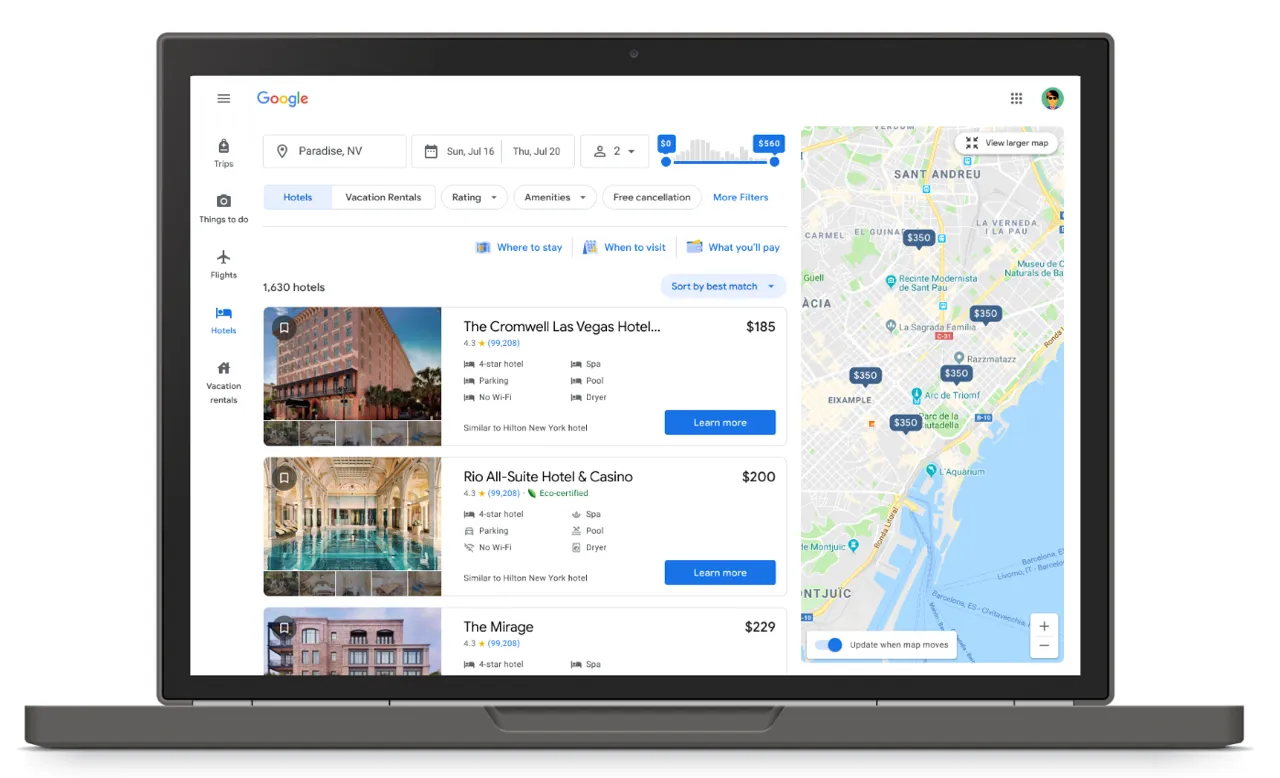 UI showing hotel options on a map with prices in a blue bubble