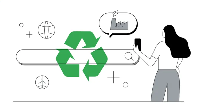 Illustration of the green recycling symbol layered over a search bar with a person standing off to the right looking at their mobile phone