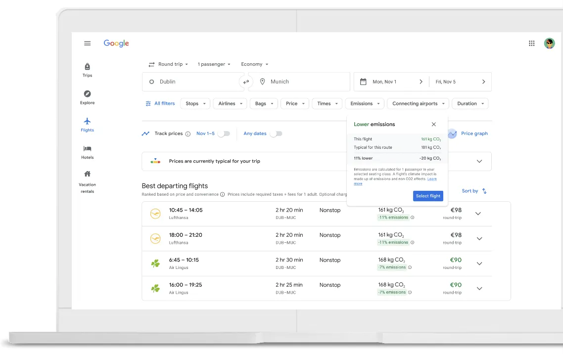 UI showing flight options in Google Search