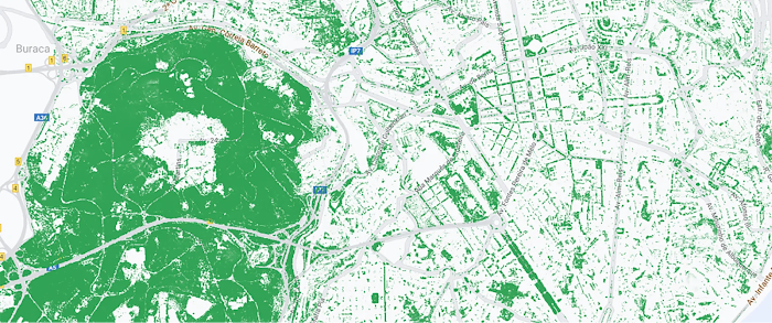 Map showing tree coverage in Lisbon, Portugal