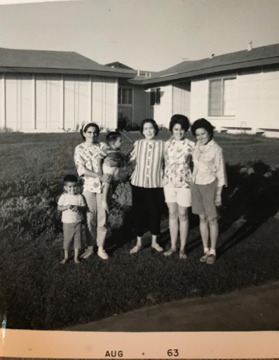A black and white photograph of Martha with her mother, sisters, and two of her nephews.