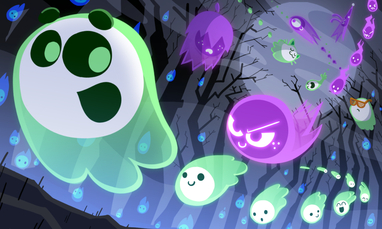 Illustration of several green and purple ghosts flying in a haunted forest