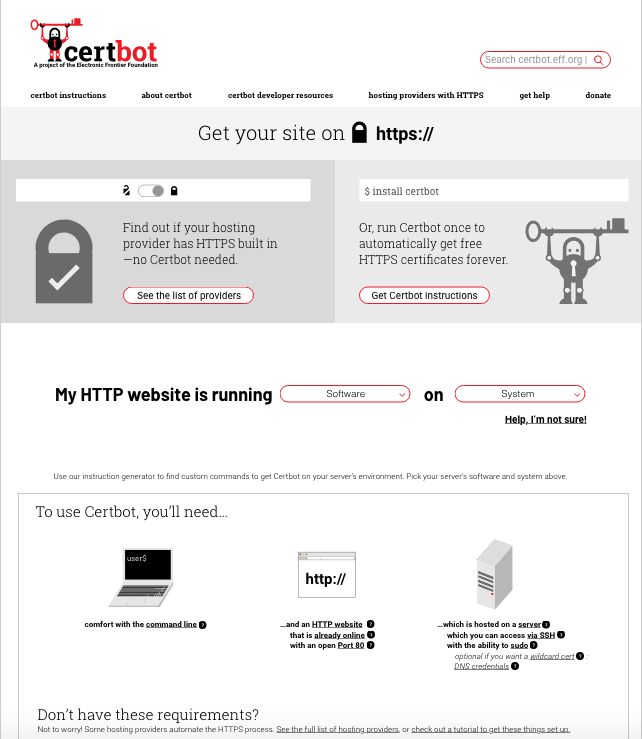  a screenshot of the Certbot site after the redesign, prominently showing the text" Get your site on HTTPS," pointing to two sections for "See the list of providers," and "Get Certbot certificates."