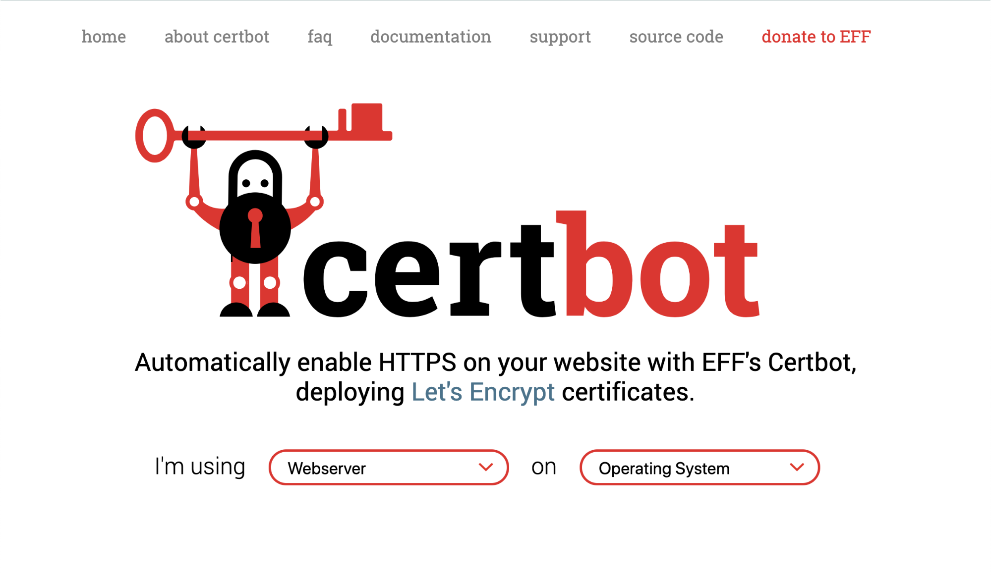 the Certbot site from 2016, which includes a menu, and a set of two dropdown menus for filling out the sentence "I'm using [webserver] on [operating system.]"