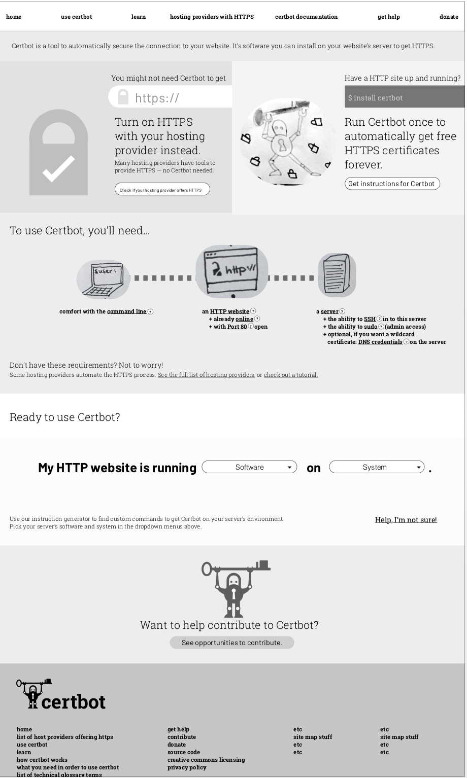 a grayscale mockup of the certbot website and rough illustrations.
