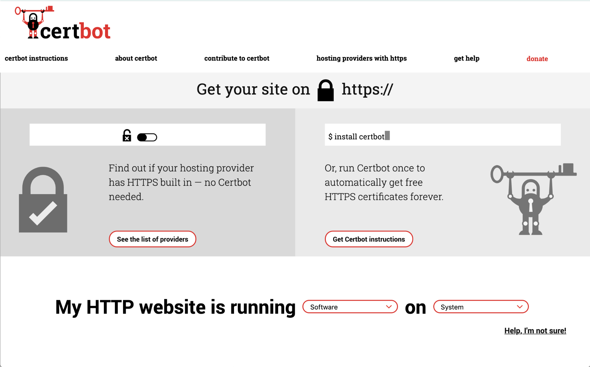 A screenshot of the new Certbot site, which includes a revised dropdown menu with the sentence "My HTTP website is running [software] on [system]."