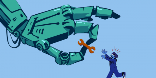 A large robot hand steals a tool from an alarmed person