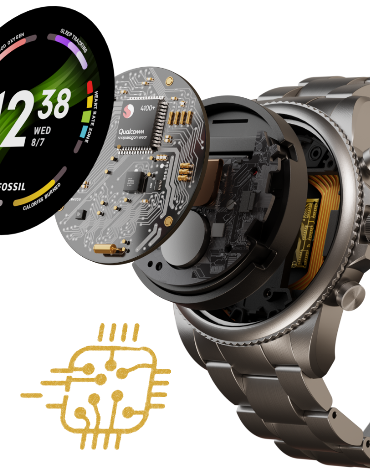 A Gen 6 smartwatch with its dial exploding to reveal its inner workings.