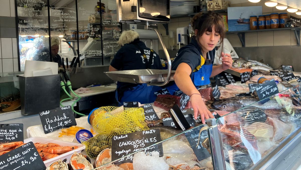 Solène va vendre le poisson toute la saison sur le marché d'Ars, aux côté de sa patronne, Françoise Caillaud, chargée de la découpe. 