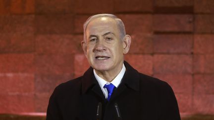 Le Premier ministre israélien, Benyamin Nétanyahou, lors d'une cérémonie mémorielle, le 5 mai 2024 à Jérusalem. (MENAHEM KAHANA / AFP)