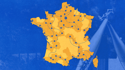 La flamme olympique va parcourir 64 départements français entre le 8 mai et le 26 juillet, avant l'allumage de la vasque dans le jardin des Tuileries pour la cérémonie d'ouverture des JO de Paris 2024. (HELOÏSE KROB / FRANCEINFO)
