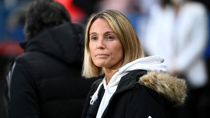 L'entraîneure des joueuses de l'Olympique lyonnais, Sonia Bompastor, le 30 avril 2022. (FRANCK FIFE / AFP)