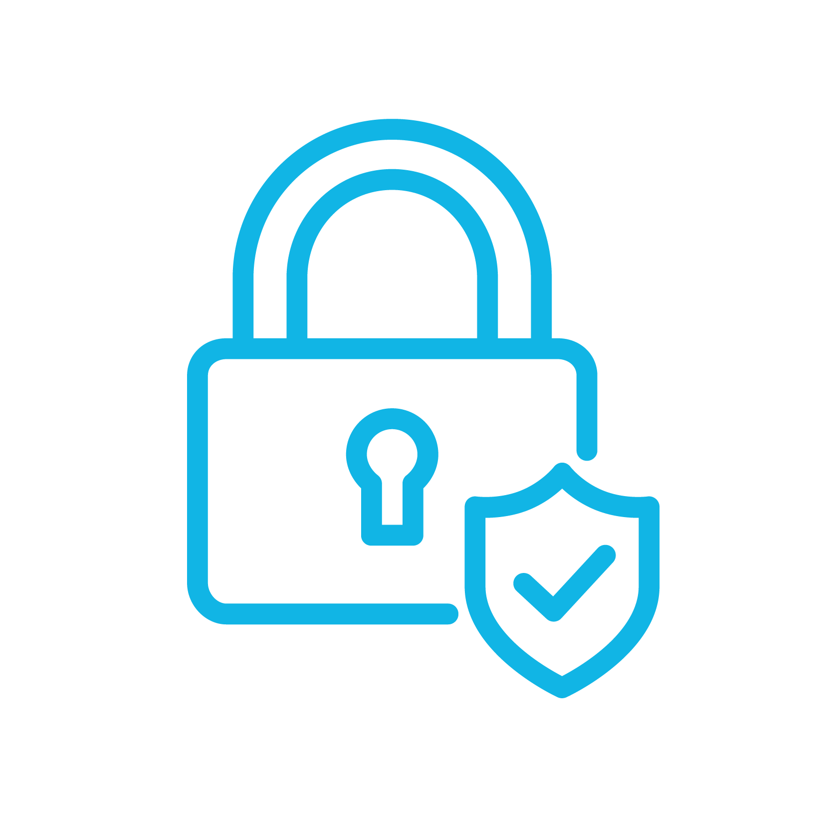 Advanced Security - An icon of a lock with a shield in front of it, and a check-mark on the shield.  This represents the advanced security of information on HammerTech's platform, which exceeds industry standards for data protection, compliance, performance and usability.