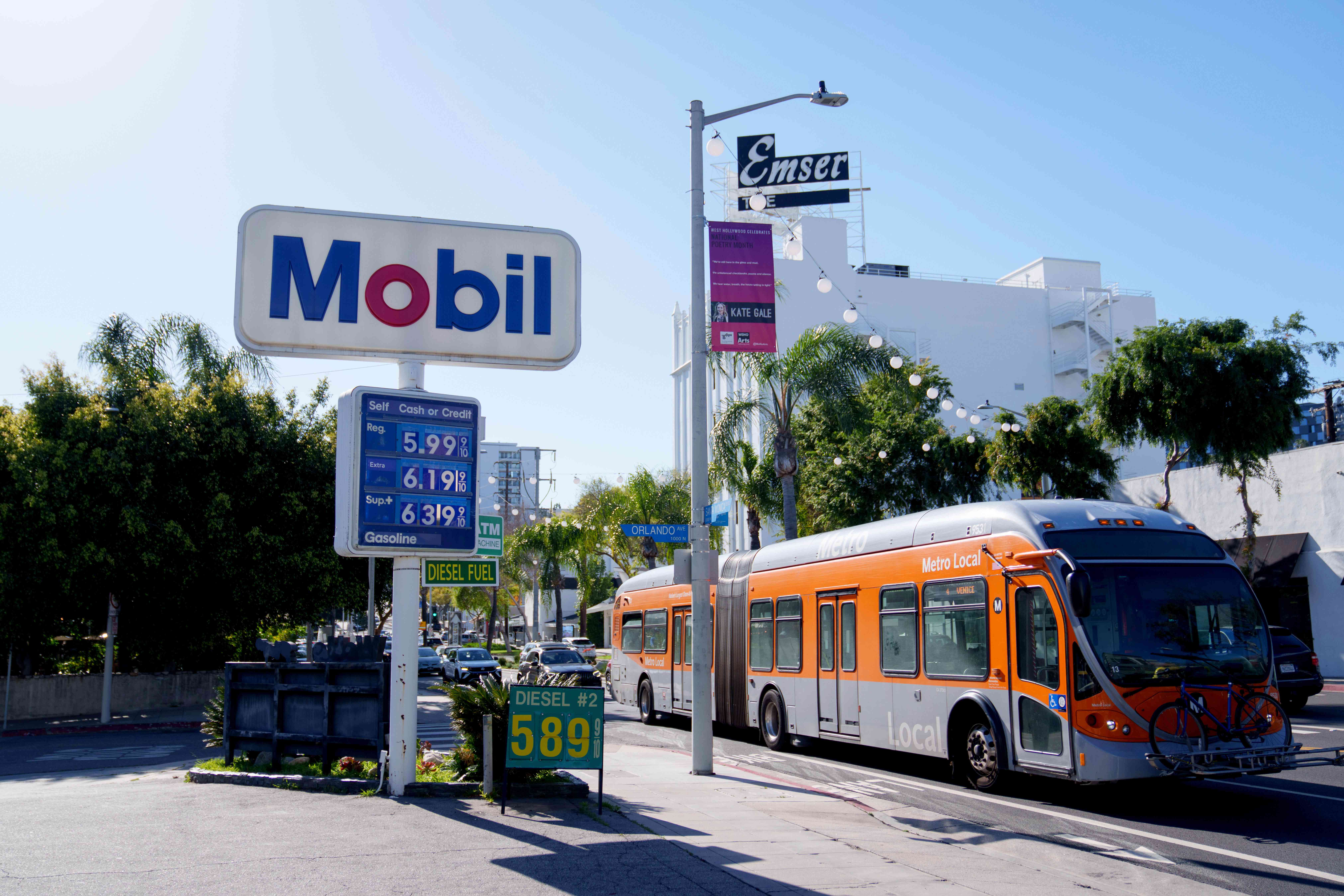 A Mobil gas station in Los Angeles, California, US, on Tuesday, April 2, 2024. US crude futures hit $85 a barrel in New York for the first time since October, as OPEC+ supply cuts underpin a steadily strengthening market. 