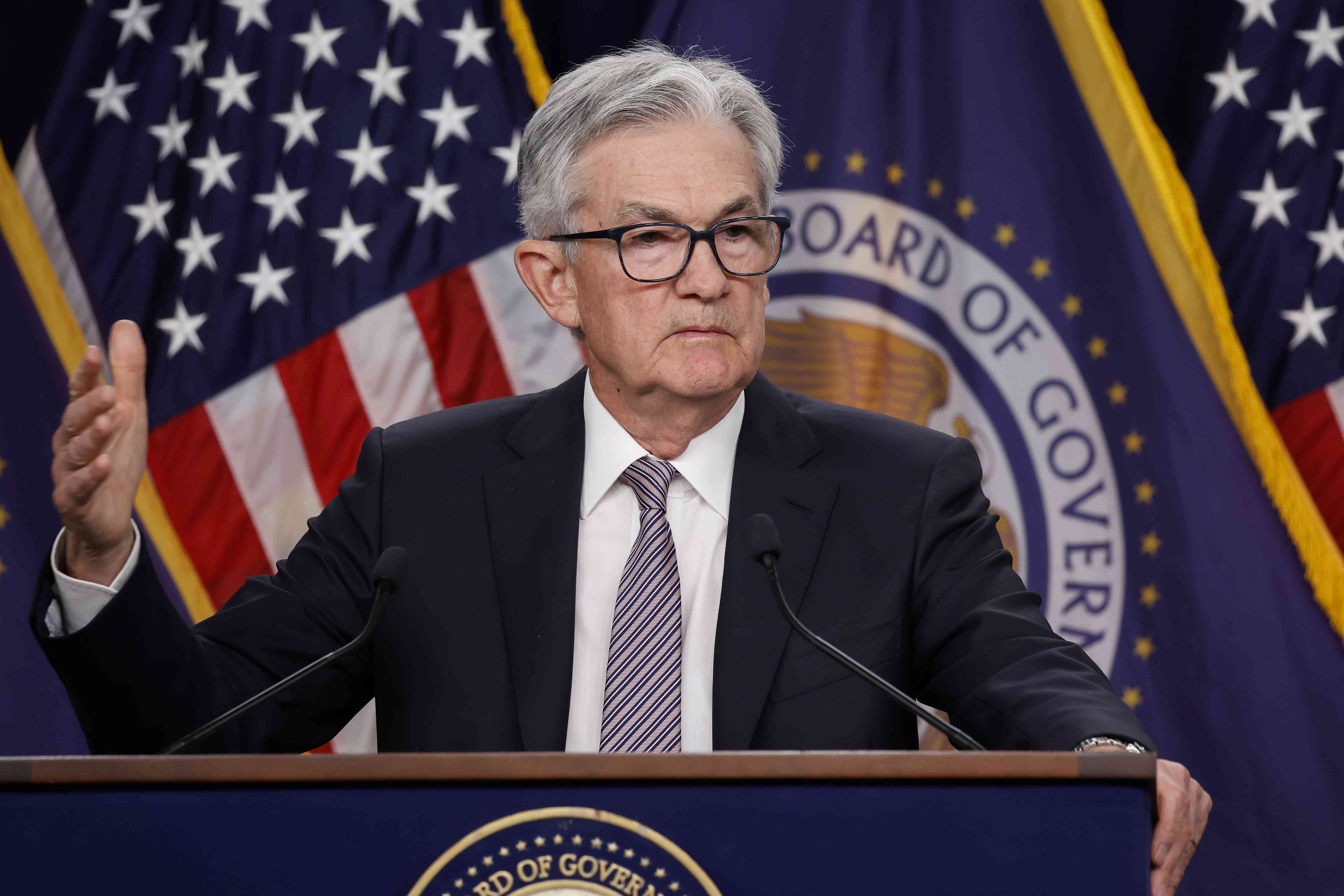 Federal Reserve Board Chairman Jerome Powell delivers remarks at a news conference following a Federal Open Market Committee meeting on May 3, 2023 in Washington, DC. The Federal Reserve announced a 0.25 percentage point interest rate increase bringing the key federal funds rate to more than 5%, a 16-year high.