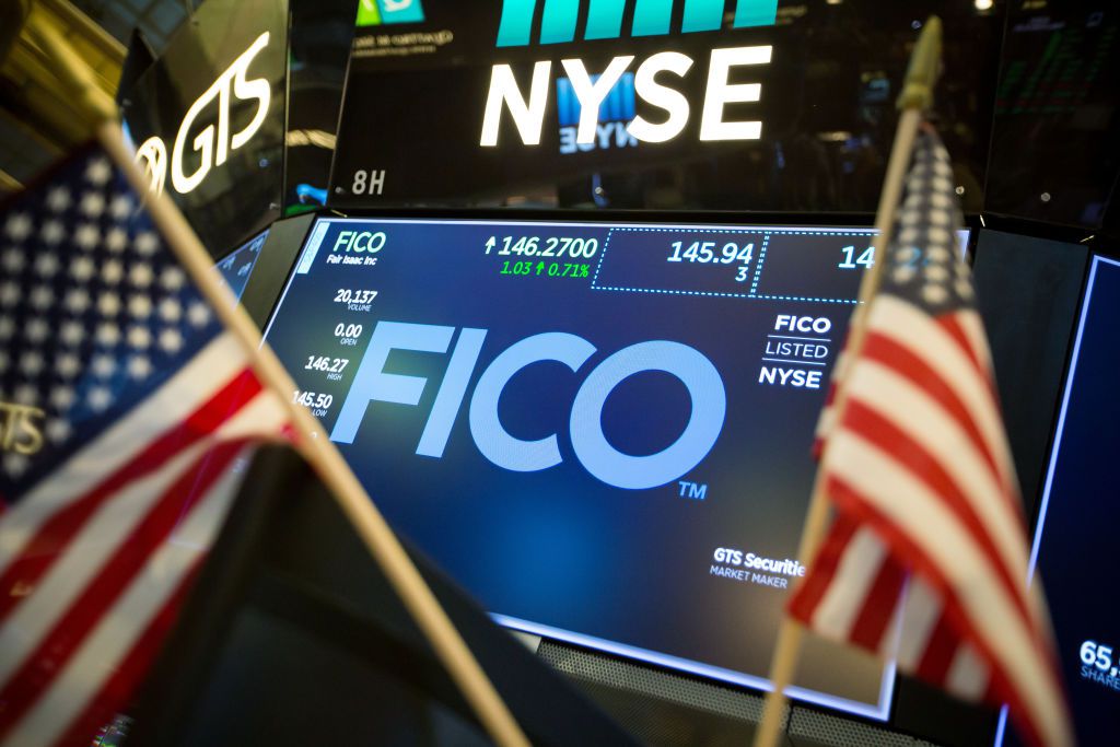 A monitor displays Fair Isaac Inc. (FICO) signage on the floor of the New York Stock Exchange (NYSE) in New York, U.S., on Friday, Oct. 20, 2017. 