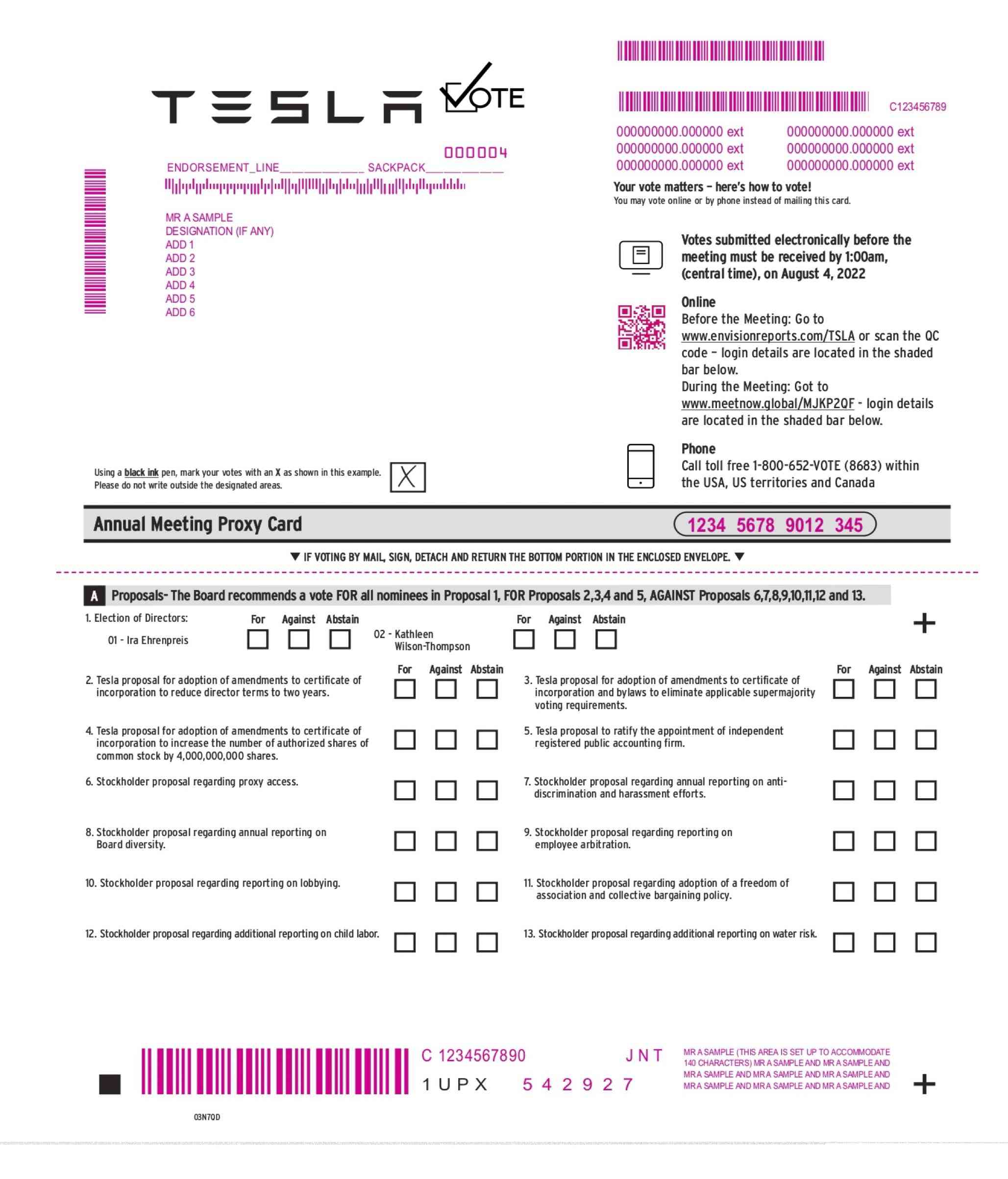 Proxy Card for Tesla Motors Annual Shareholder's Meeting, 2022