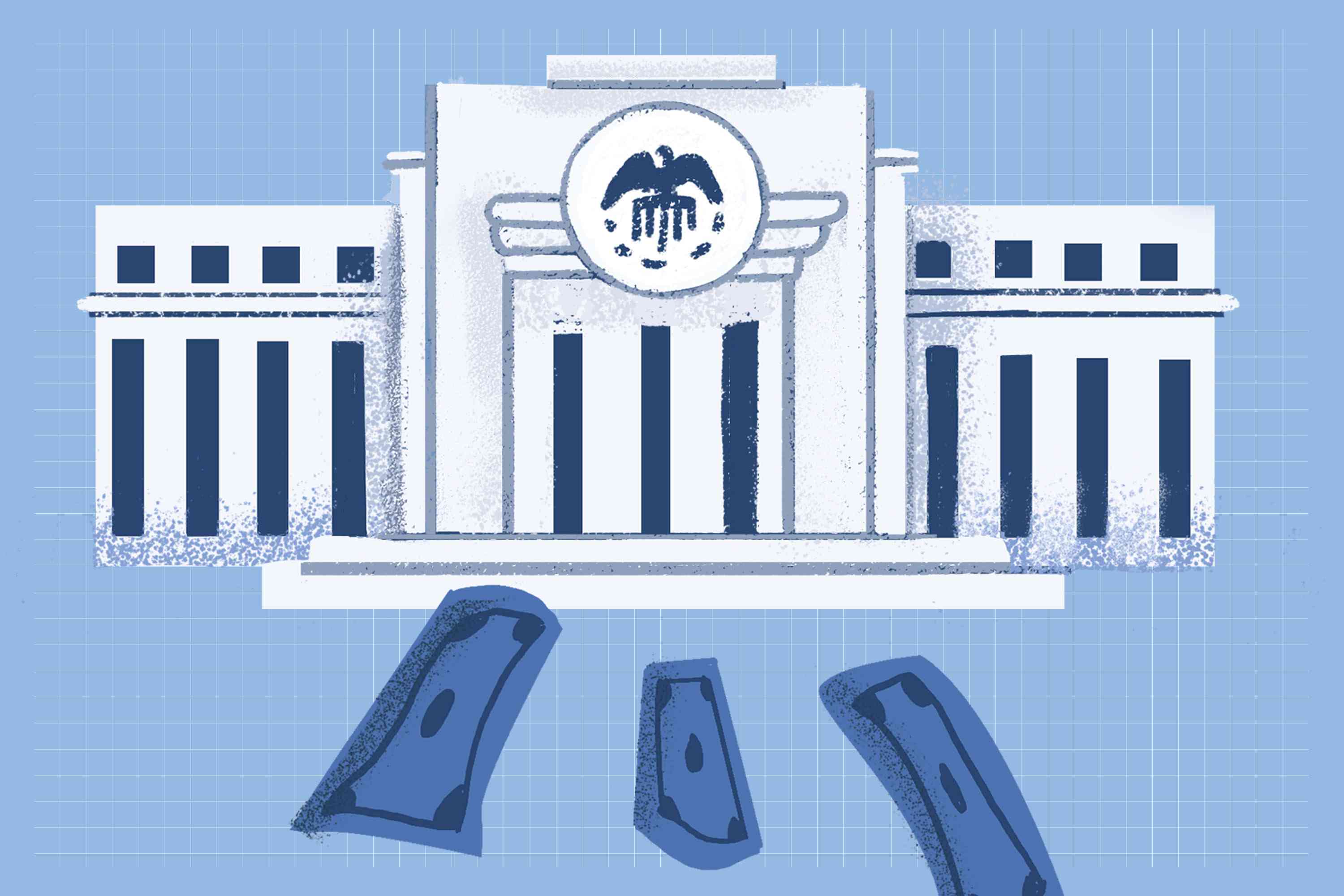 Custom illustration shows a government building in white with an eagle at the top on a blue background with three blue dollar bills at the bottom.