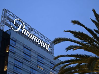 The Paramount logo is displayed at Columbia Square along Sunset Blvd in Hollywood, California on March 9, 2023.