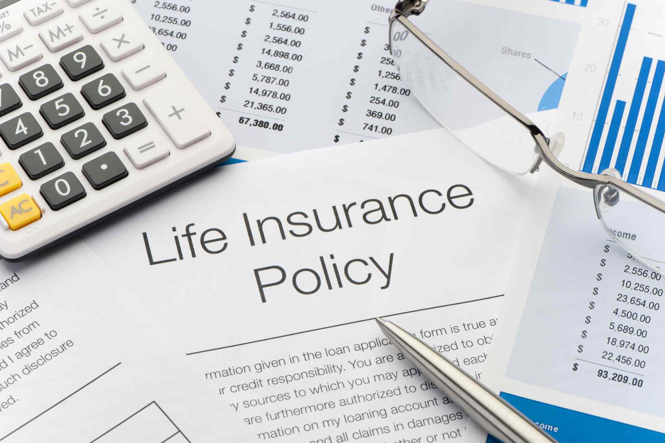 Close up of Life Insurance Policy with pen, calculator.