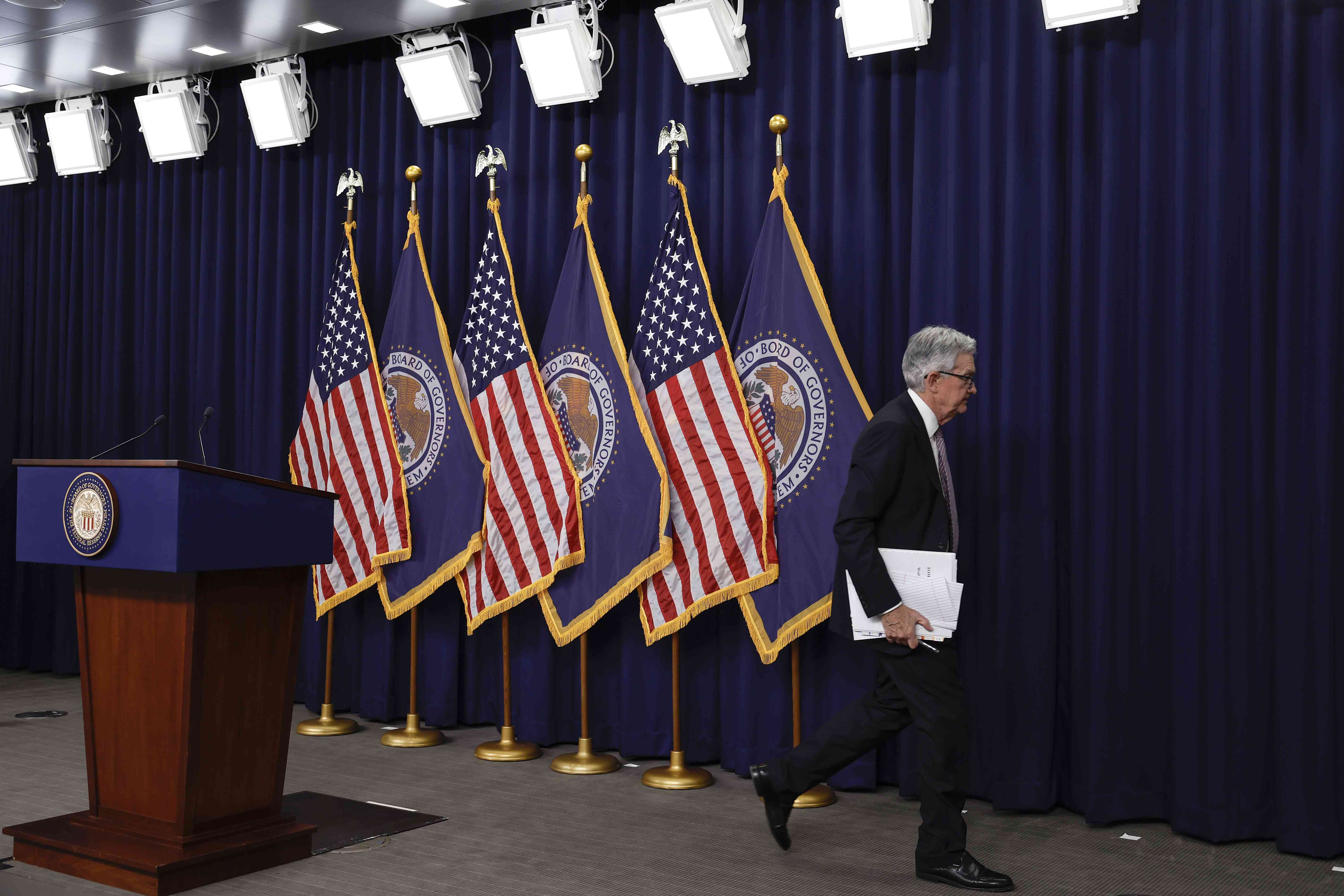Federal Reserve Board Chairman Jerome Powell departs after giving remarks at a news conference following a Federal Open Market Committee meeting on May 3, 2023 in Washington, D.C.