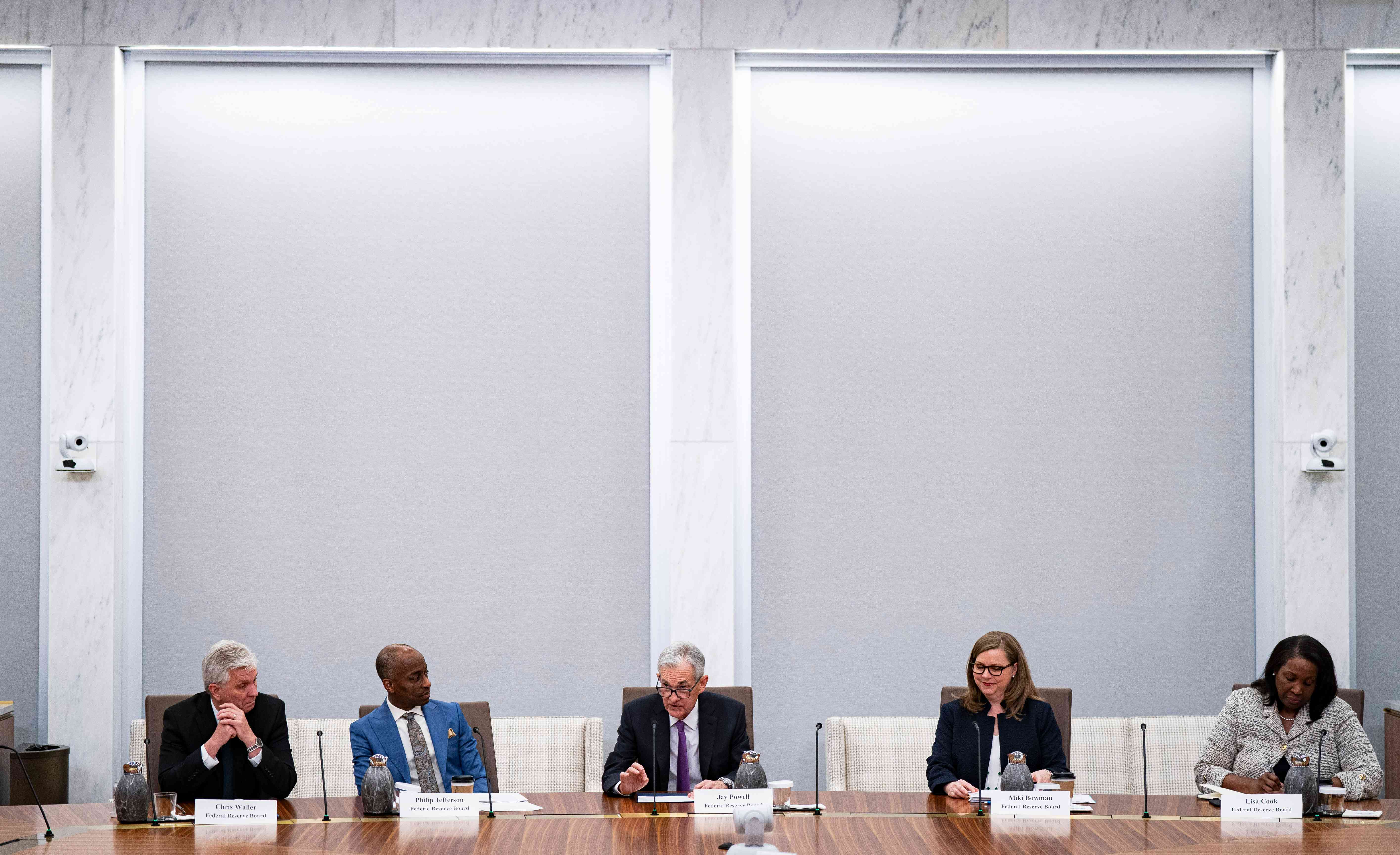 Christopher Waller, governor of the Federal Reserve; from left, Philip Jefferson, vice chair of the Federal Reserve System; Jerome Powell, chairman of the Federal Reserve; Michelle Bowman, governor of the Federal Reserve; and Lisa Cook, governor of the Federal Reserve, during a Fed Listens event in Washington, D.C., on March 22, 2024.