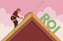 Person with hat standing on roof laying shingles to illustrate a valuable home investment.