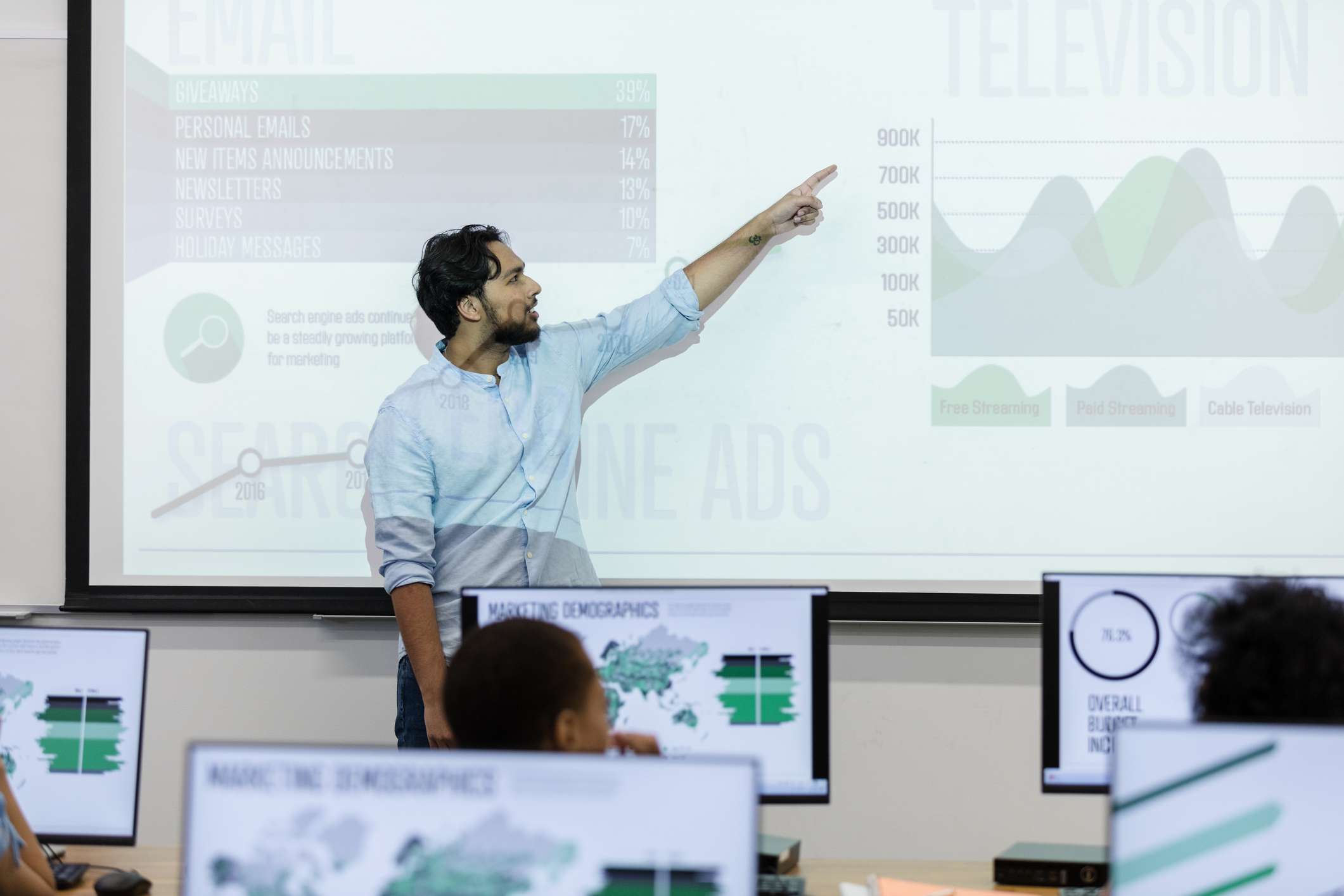 A young adult businessman lectures on technology in the university computer lab.