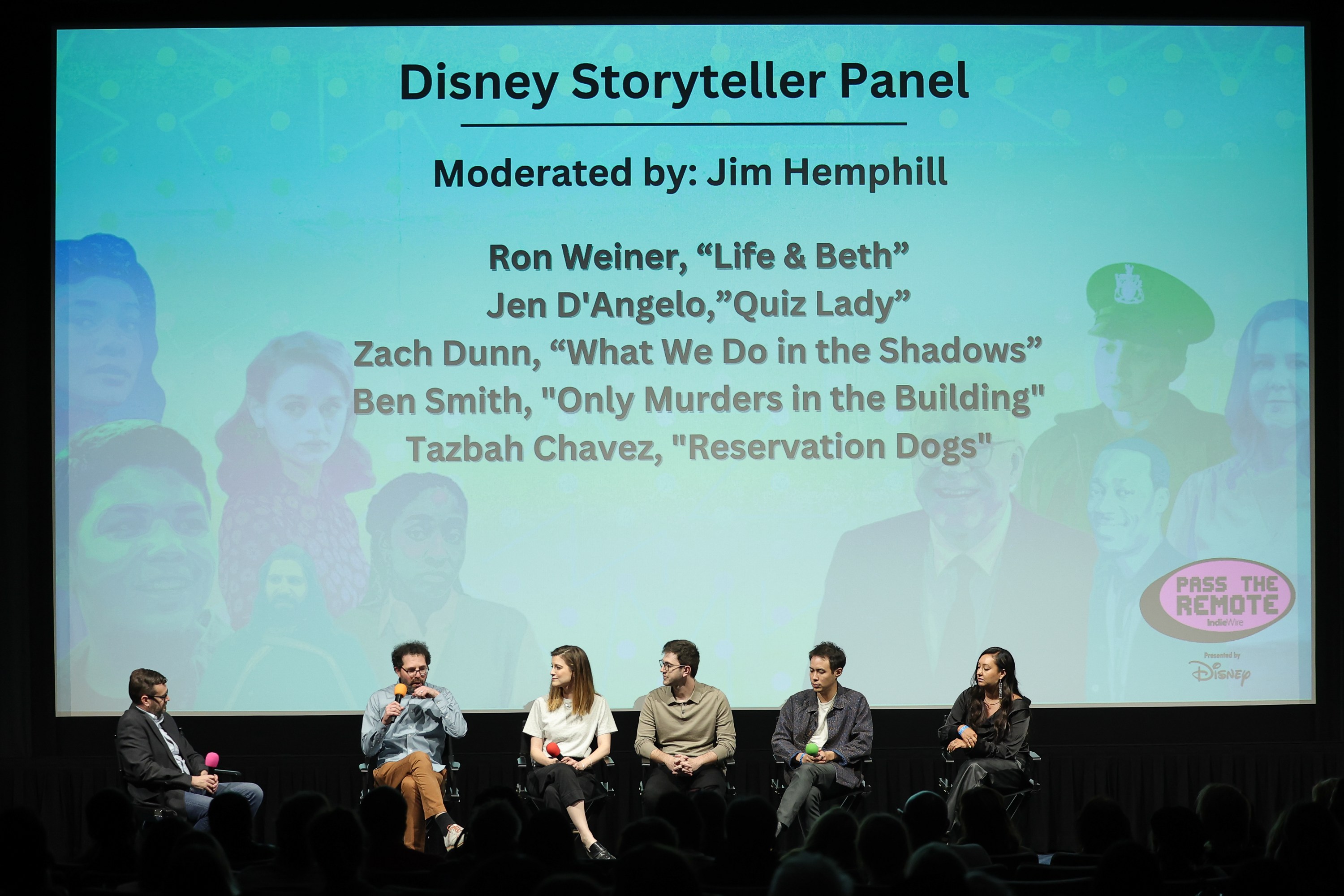 Jim Hemphill, Rob Weiner, Jen D’Angelo, Zach Dunn, Ben Smith and Tazbah Chavez at IndieWire’s 'Pass the Remote' Presents a Disney Storyteller Panel at Vidiots on April 29, 2024 in Los Angeles, California.