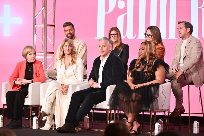 The cast and crew of 'Palm Royale' (Top Row L-R) Ricky Martin, Katie O'Connell Marsh, Jayme Lemons, Josh Lucas, (Bottom Row L-R) Carole Burnett, Laura Dern, Abe Sylvia and Amber Chardae Robinson speak at the Apple TV+ presentations at the TCA Winter Press Tour held at The Langham, Huntington on February 5, 2024 in Pasadena, California. (Photo by Michael Buckner/Variety via Getty Images)