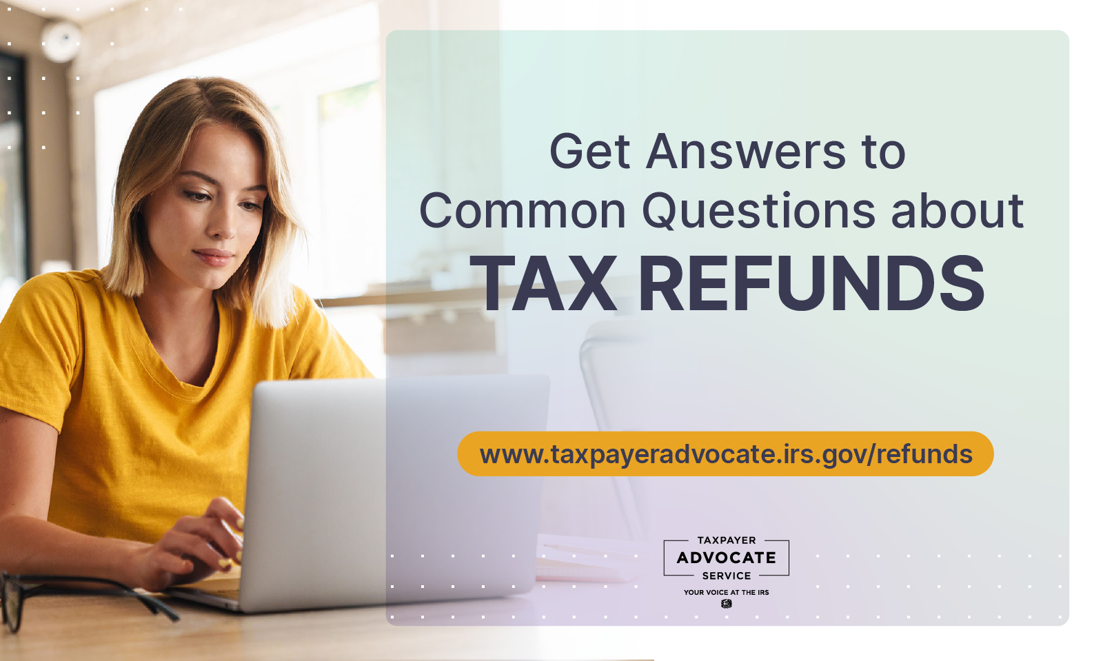 A lady sitting at a desk looking at a laptop. Get answers to common questions about tax refunds. Find answers here.