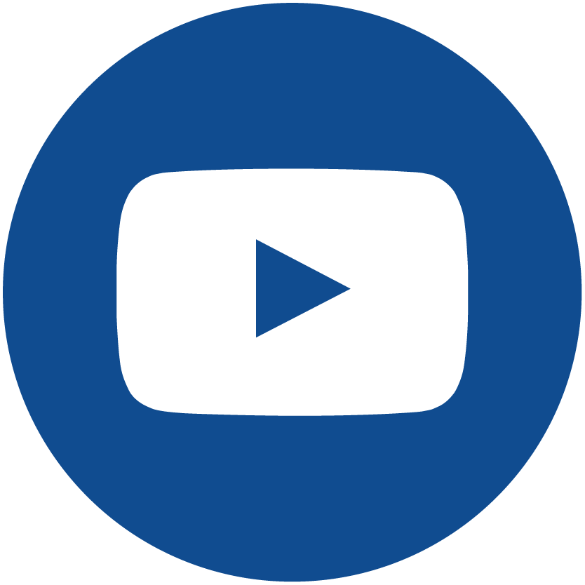 YouTube logo. A square shape in white with an arrow pointing to the right in blue over a blue circle background.