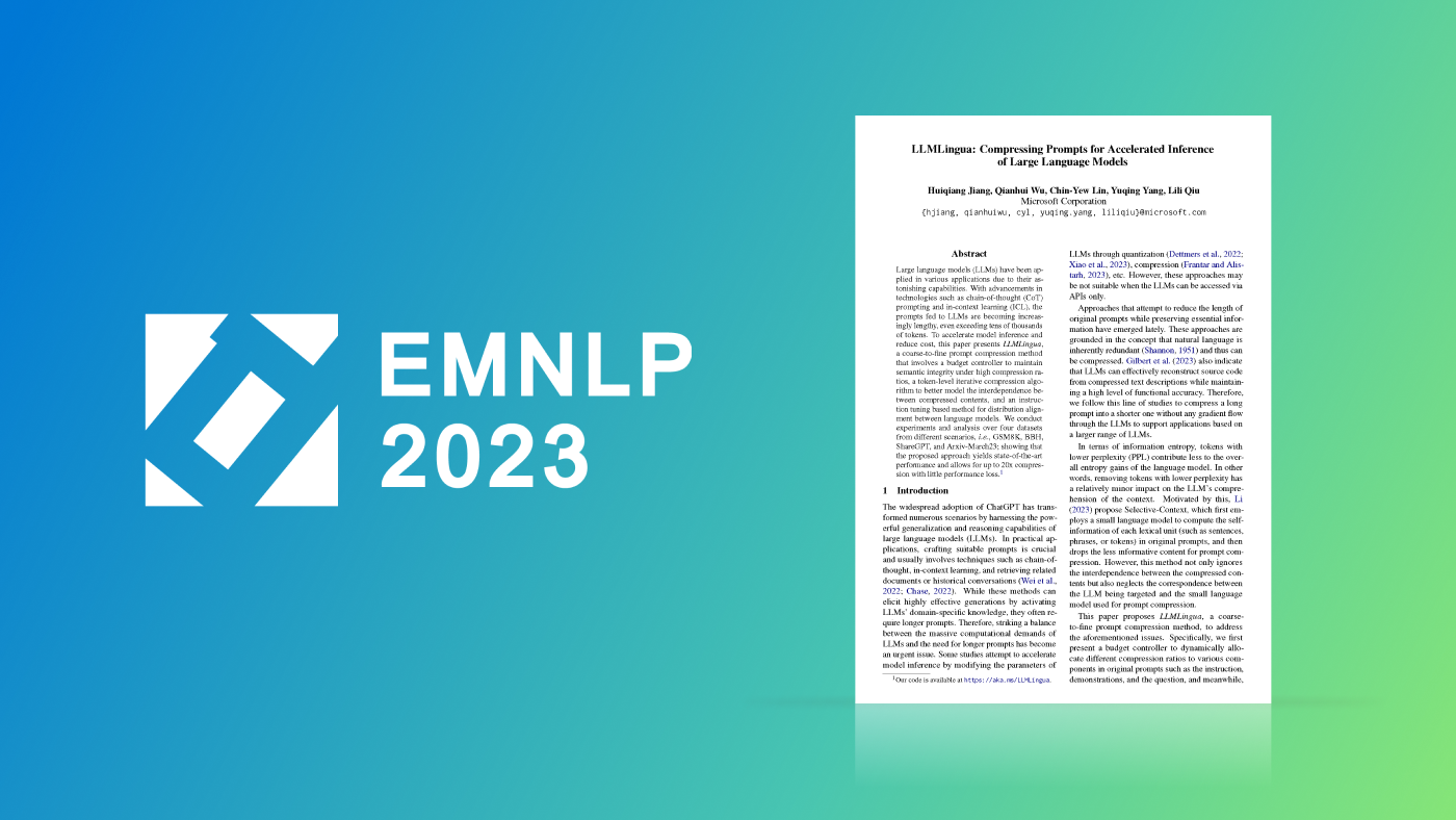 EMNLP 2023 logo to the left of accepted paper "LLMLingua: Compressing Prompts for Accelerated Inference of Large Language Models" on a blue/green gradient background