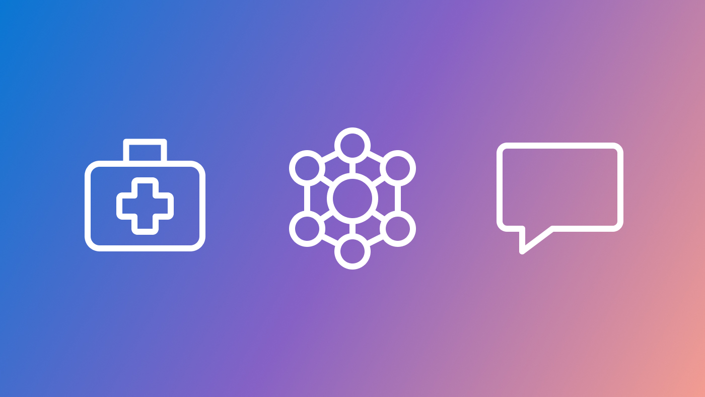 Illustrated icons of a medical bag, hexagon with circles at its points, and a chat bubble on a blue and purple gradient background.