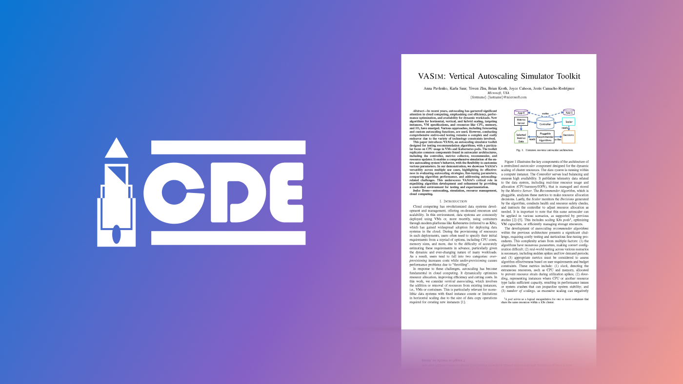 ICDE logo in white to the left of the first page of the "VASIM: Vertical Autoscaling Simulator Toolkit" accepted paper.