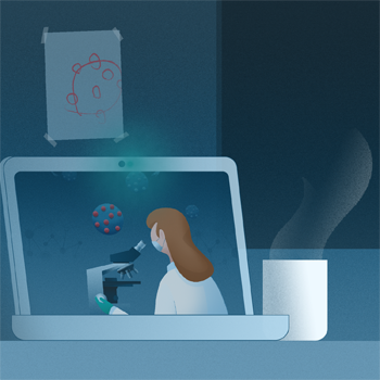 Illustrasjon av hjemmekontor der laptopen har en videokonferanse åpen med en forsker som studerer virus i mikroskop. En barnetegning av viruset henger på veggen. En kaffekopp står ved siden av laptopen.