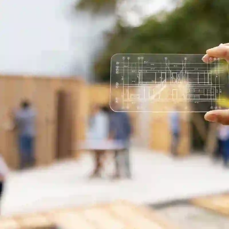 A hand holding up a clear plastic blueprint at a job site with workers in the background.