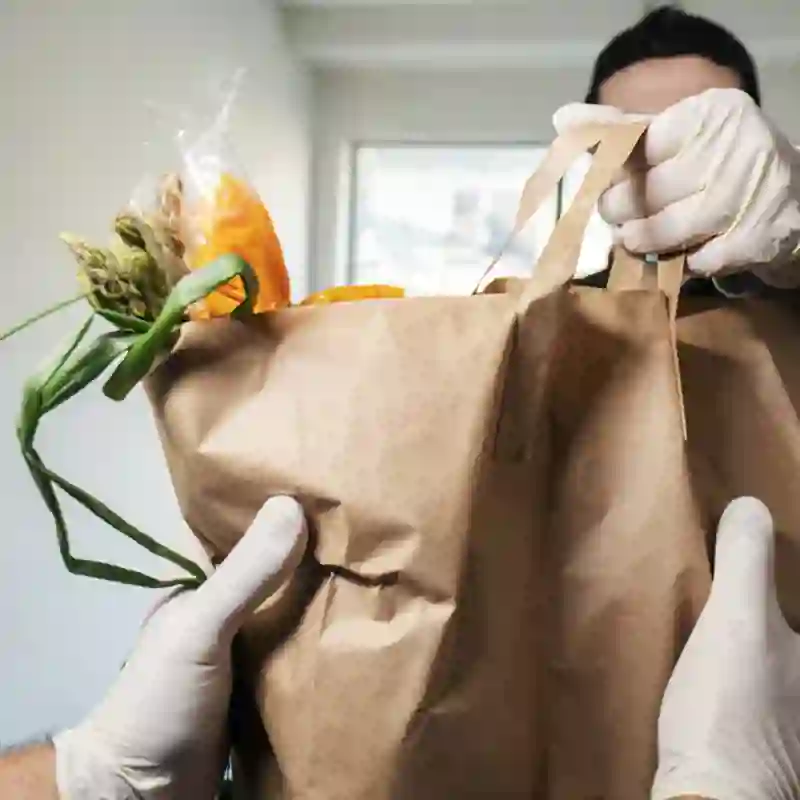 Grocery delivery man handing customer grocery bag with gloves on.