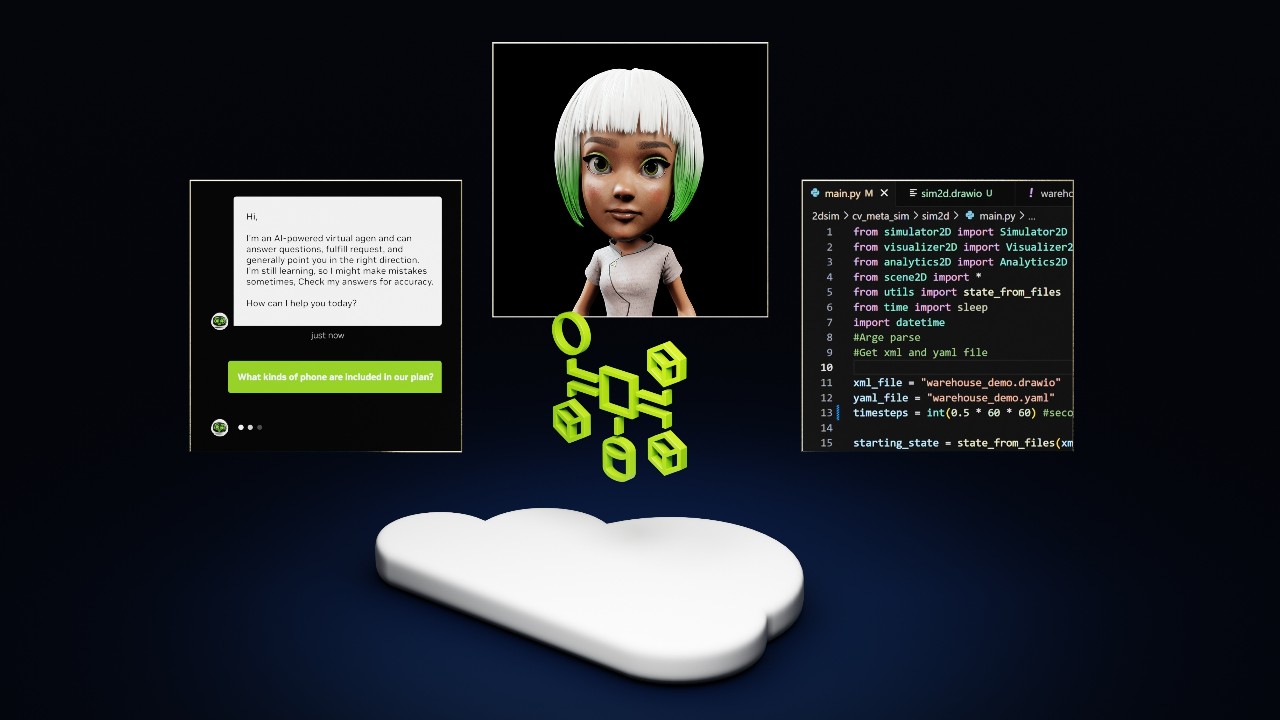 The image depicts an enterprise chat function on the left, an avatar in the middle, and code on the right. This represents the NVIDIA retrieval-augmented generation application in deployment.