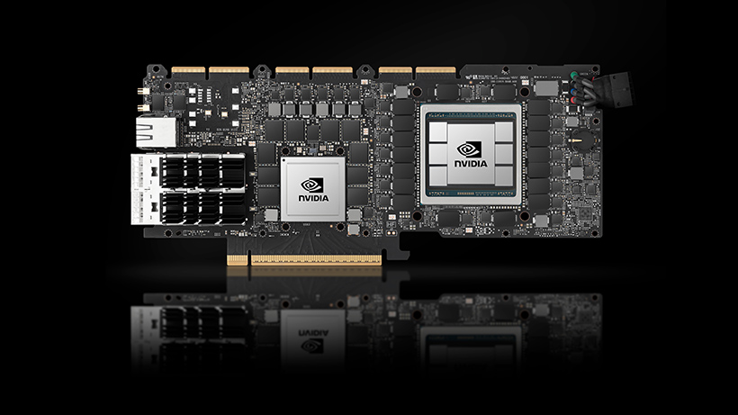AX800 Converged Accelerator  product image with an Ampere architectured GPU and BlueField-3 DPU