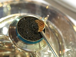 An open tin of caviar in a silver server with a decorative spoon.