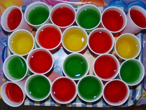 A tray of assorted Jell-O shots. 