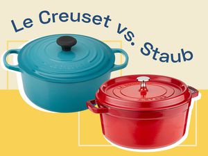 Le Creuset and Staub dutch ovens collaged against patterned yellow background