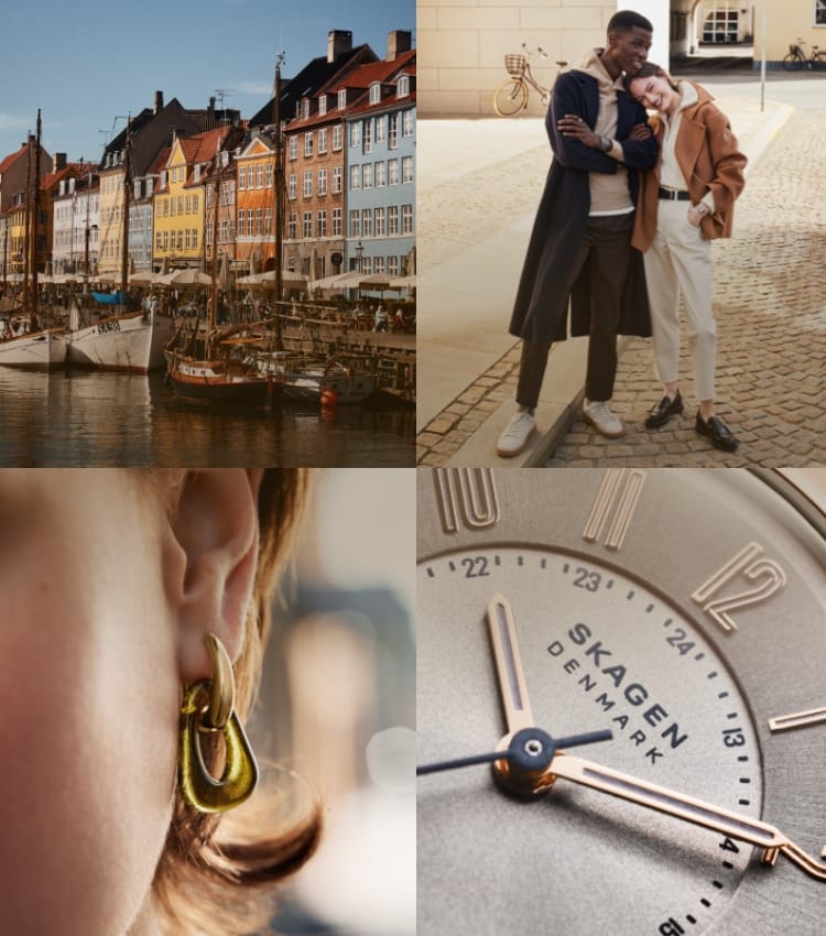 Collage of images showing Skagen jewelry and watches and views of Denmark