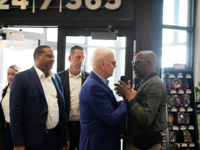 President Joe Biden is greeted after walking into a Sheetz after stopping enroute to Pittsburgh International Airport, Wednesday, April 17, 2024, in Pittsburgh, Pa. (AP Photo/Alex Brandon))