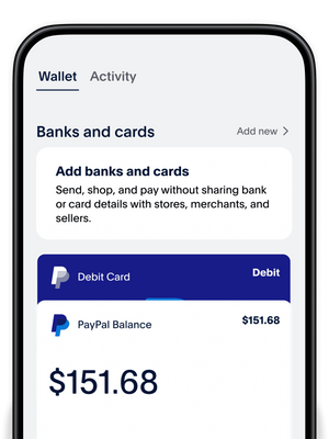 Mobile phone with Wallet selected; tile of an option to add banks and cards; debit card and PayPal balance listed at bottom