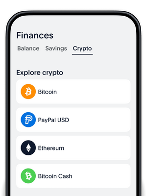 A mobile phone screen showing PayPal USD, Bitcoin, Ethereum, Litecoin and Bitcoin Cash logos and sample balances