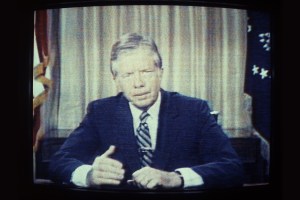 In an image taken off of television, U.S. President Jimmy Carter delivers his energy speech in which he spoke of a "crisis of confidence" July 15, 1979. The speech was referred to by some as his "malaise speech," although he never used that word during it. (AP Photo/Dale G. Young)