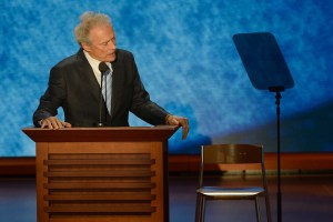 TAMPA, FL - AUGUST 30  Clint Eastwood address a chair that he pretends has President Obama in it during his speach  crowd on the final day of the 2012 Republican National Convention at the Tampa Bay Times Forum on August 30, 2012 in Tampa, Florida.    (Photo by Toni L. Sandys/The Washington Post via Getty Images)