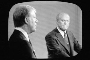 Screen capture shows the second presidential debate between American president Gerald Ford and challenger governor Jimmy Carter of Georgia, San Francisco, California, October 6, 1976. Carter went on to win by a narrow margin. (Photo by CBS Photo Archive/Getty Images)